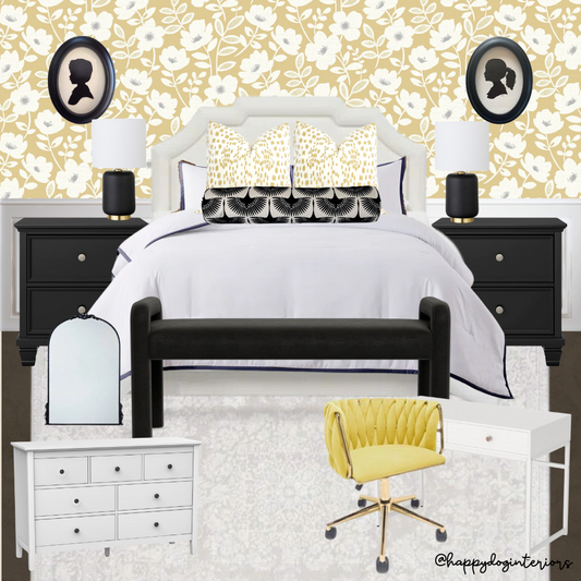 Black, White + Mustard Bedroom